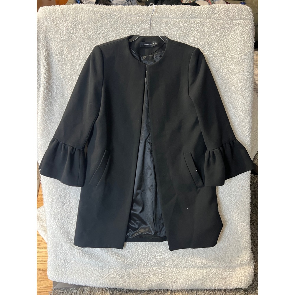 Zara Woman Black Ruffle Bell Sleeve Open Front Collarless Coat Small